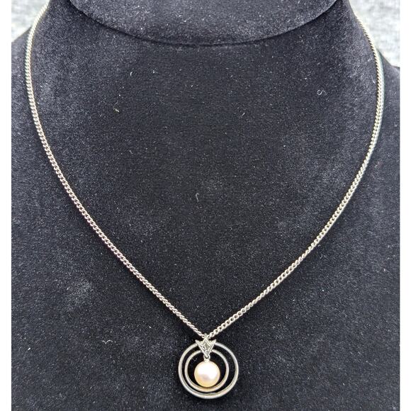 Halo Pearl Pendant Necklace, Silver Chain and Pendant, Pearl in Open Circles - Picture 1 of 4